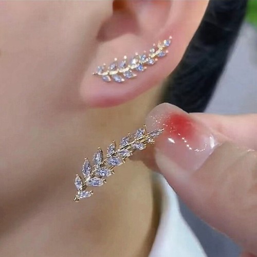 Shiny Rhinestone Leaf Stud Earrings For Women Exquisite Wheat Ear Cuff Earrings - Bild 6 von 7