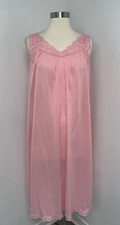 Vintage Shadowline Womens Pink Nylon Nightgown Size L Embroidered Lace Trim