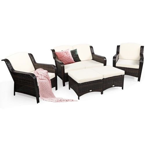 Costway 5PCS Patio Rattan Furniture Set Loveseat Sofa Ottoman Off White