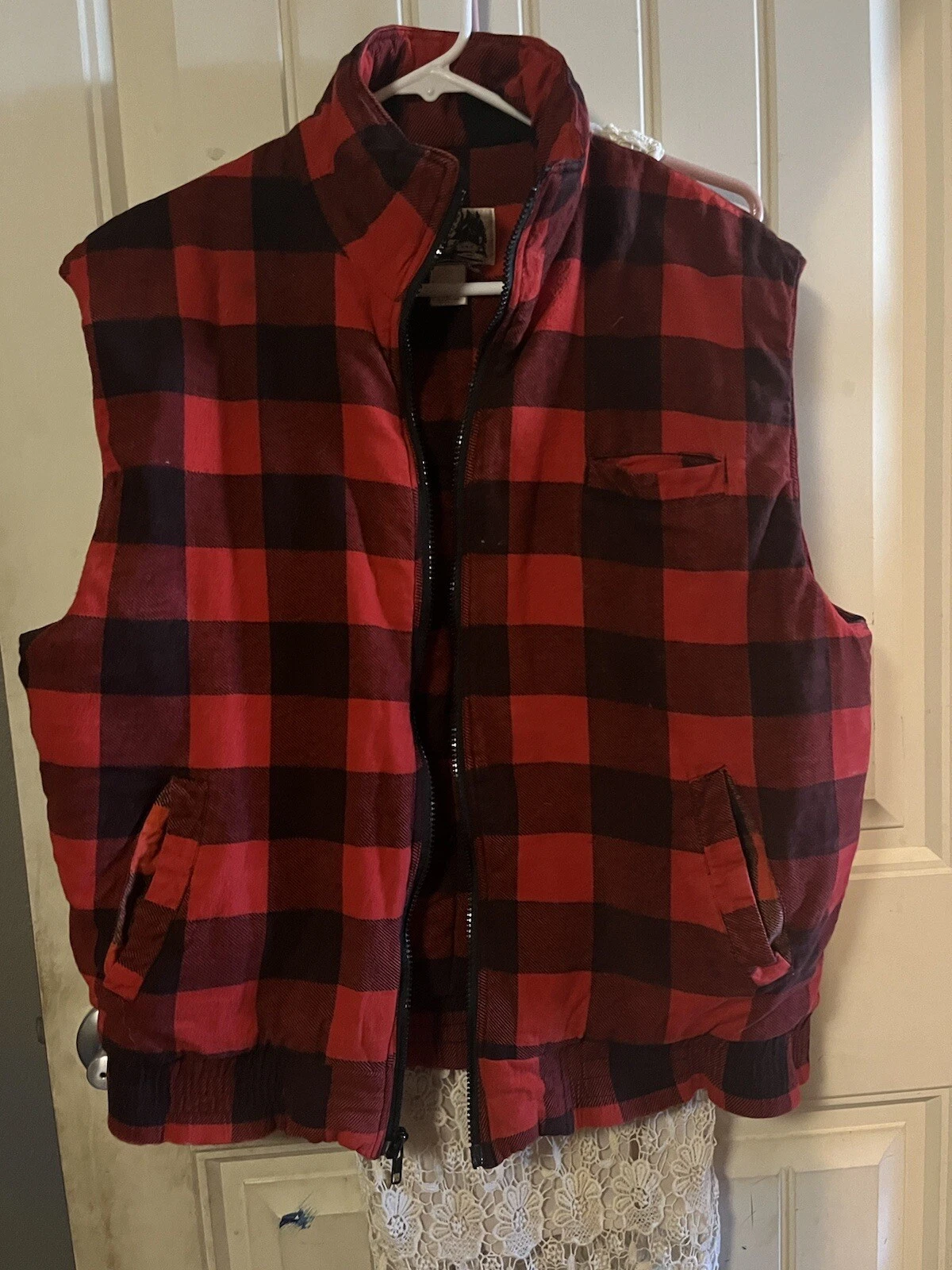 Backwoods Red Plaid Flannel Zip Up Vest Hiking Camping