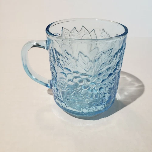 Vintage KIG Ice Blue Glass Mug Cup Indonesia Embossed Fruit