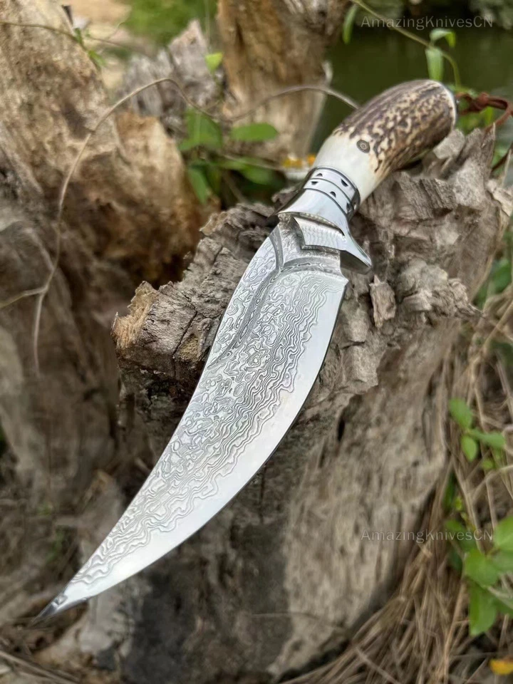 OUTDOOR SURVIVAL DAMASCUS BOWIE KNIFE HUNTING KNIFE FIXED BLADE STAG ANTLER - Image 4 of 4