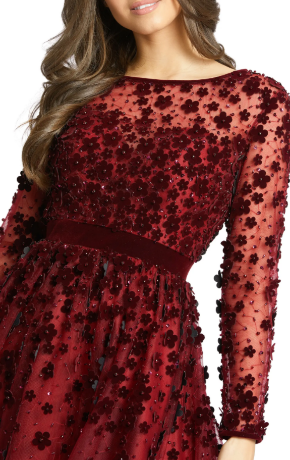 long sleeve fit & flare velvet embellished cocktail dress Brown Embellished Long Sleeve Velvet Trim A-Line Midi Dress main image 0