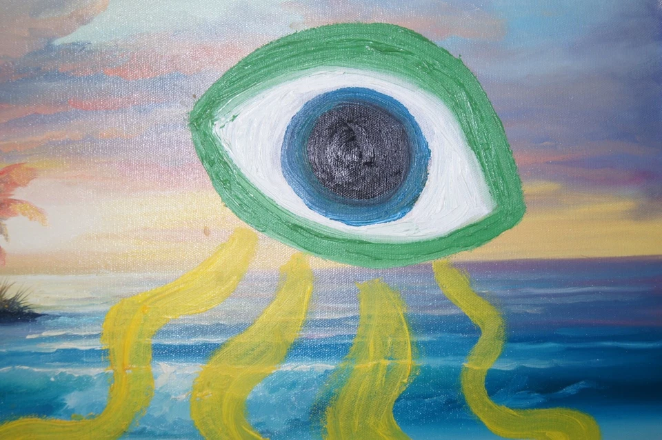 OVNI OJO DE PLAYA Psicodélico Antiguo Mod Original Pintura al Óleo ALEX CROWLEY Firmada Foto 2 de 4