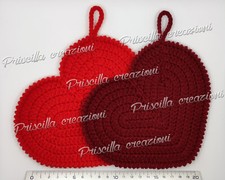 Coppia di presine cucina in lana fatte a mano all'uncinetto - Cuore rosso