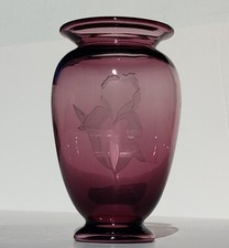 Marked FENTON Purple-Plum Glass Vase Etched IRIS Flower