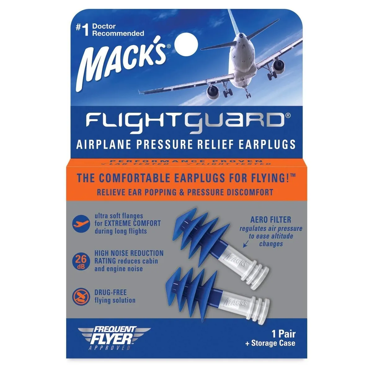 Mack's Flightguard Avion Décompression Bouchons - 26dB Nrr - Pour Voyage