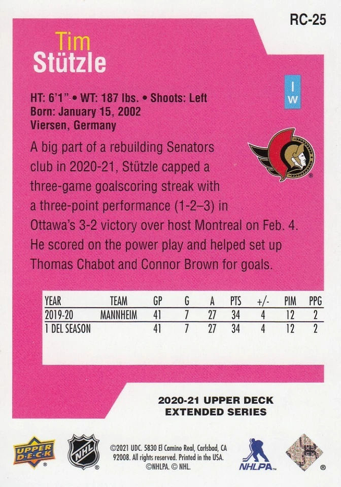 2020-21 Tim Stutzle UD Extended Series Rookie Class SE #RC-25 - Image 2 of 2