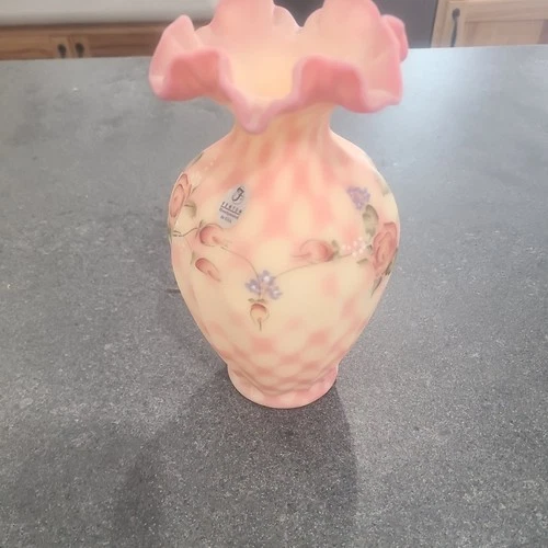Fenton Bermese Diamond Optic Rose Vase Hand Painted 7.5inches