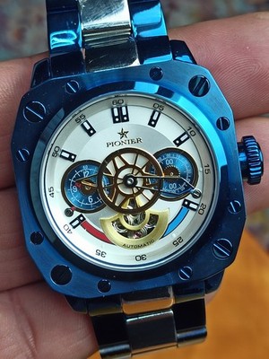 Pionier P-7003 5 ATM Automatic Newport Dual Time Blue Herrenuhr 
