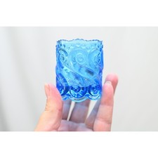Vintage L.G. Wright Blue Swirl Pressed Glass Toothpick Holder Scalloped 2.25"