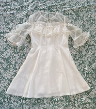 White Lace Dress Mesh Overlay Ruffle Trim Floral Bridal Cocktail
