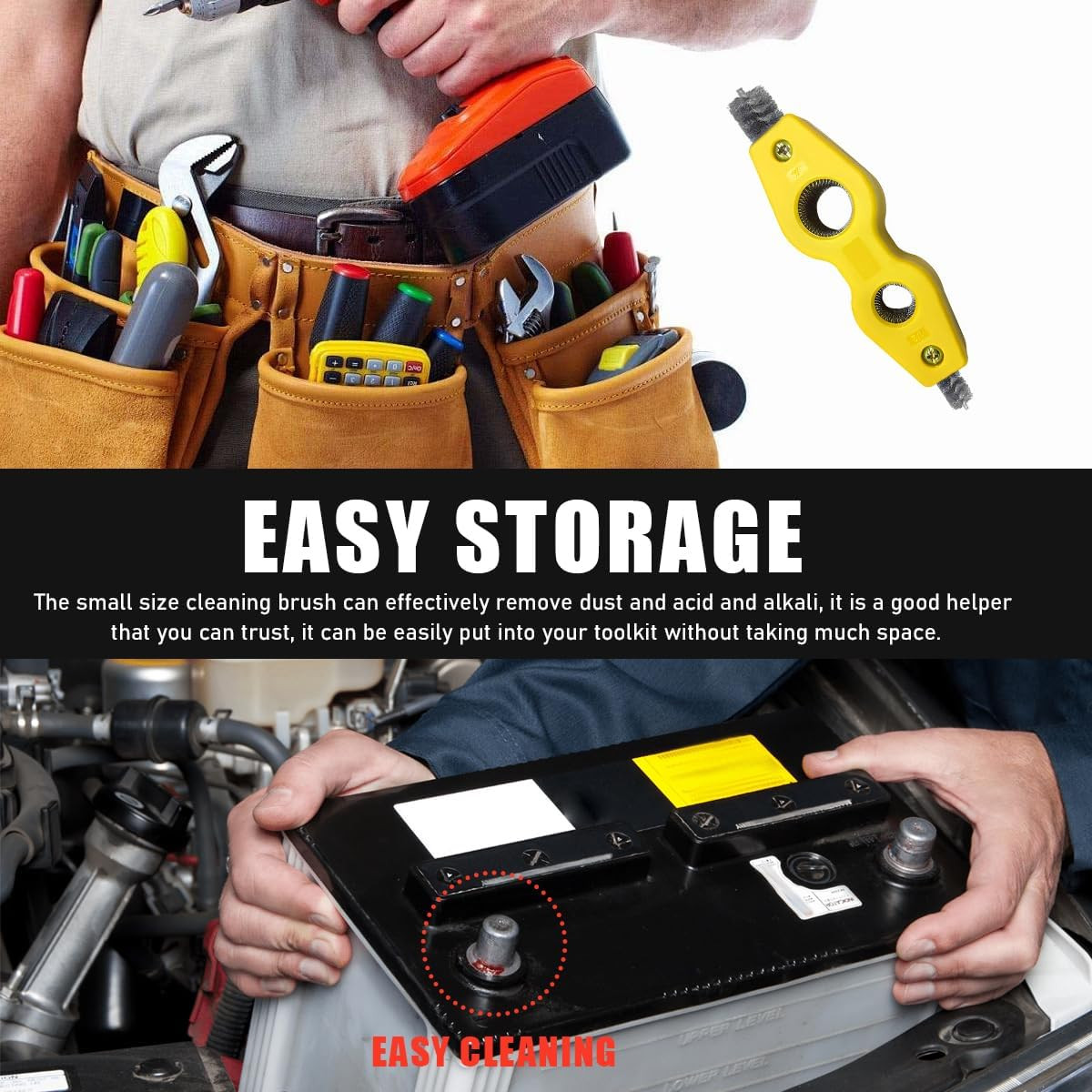 Car Battery Terminal Cleaning Brush, 4 in 1 Steel Wire Brush Heads 1PC Yellow