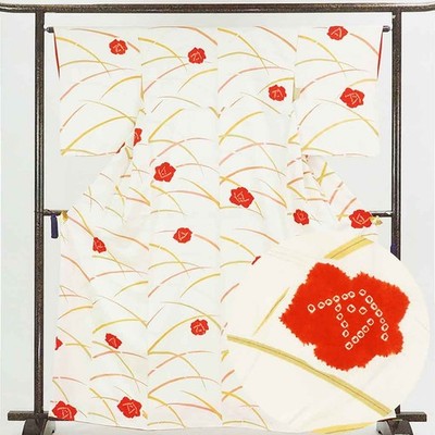 Recycled Komon Silk Kimono White Dew Grass Pattern Lined Tall M