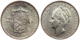 Netherlands 2 1/2 Gulden 1938 Wilhelmina Silver