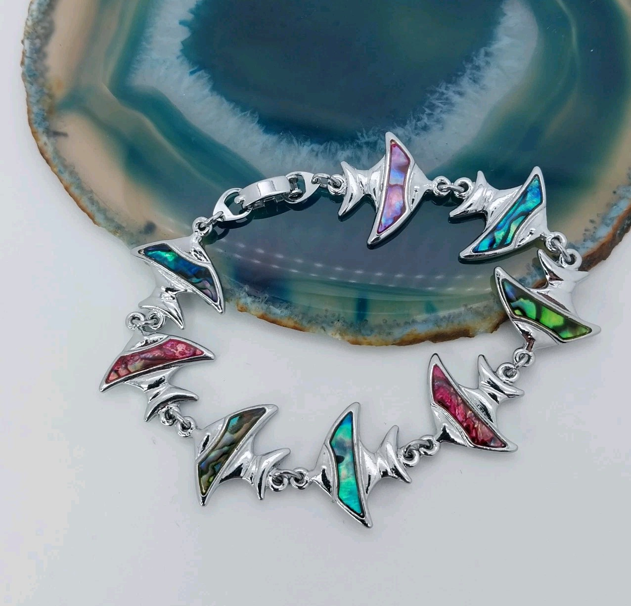 Rainbow Abalone Shell Angelfish Silver-Tone Link Bracelet