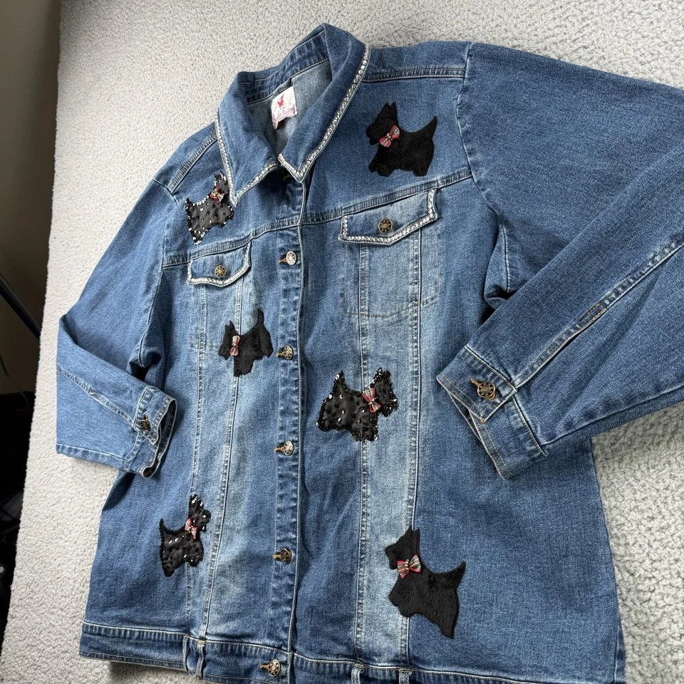 Quacker Factory Jean Jacket 2X Scottie Dog Rhinestone Embellished Button Up READ - Image 2 of 4