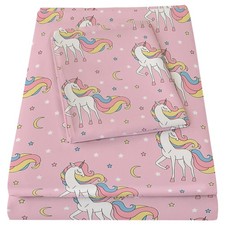 Girls Twin Sheets, Kids Pink Unicorn Moon Star Soft Microfiber Twin Sheets  ...
