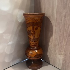 Vintage Hand Carved Wooden Vase Bohemian Mid-century Modern 8.5" Two-tone Walnut