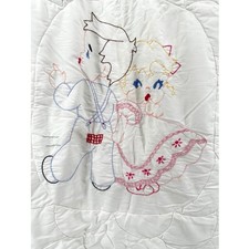 Vintage Hand Embroidered Baby Quilt White Satin Trim Boy Girl Nursery Blanket