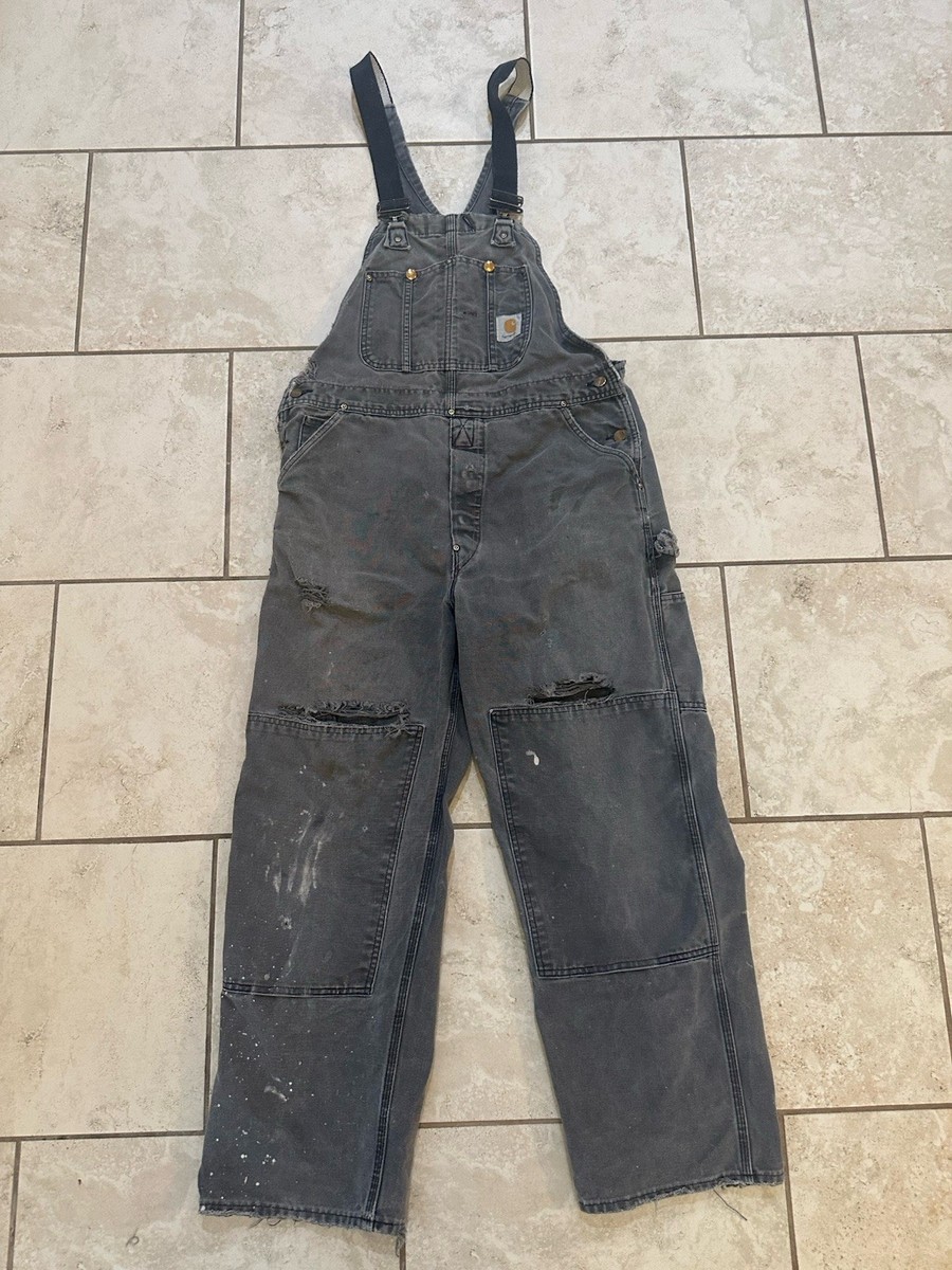 VTG Carhartt Duck Bib Overalls Gray Double Knee Made in USA 36x28