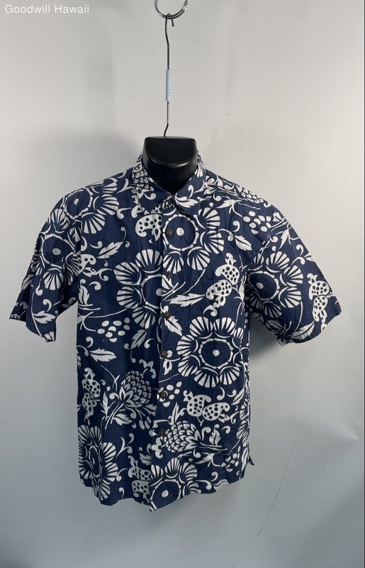 Kahala Men's Navy White Floral Aloha Shirt Handcrafted in Hawai'i Cotton Sz L