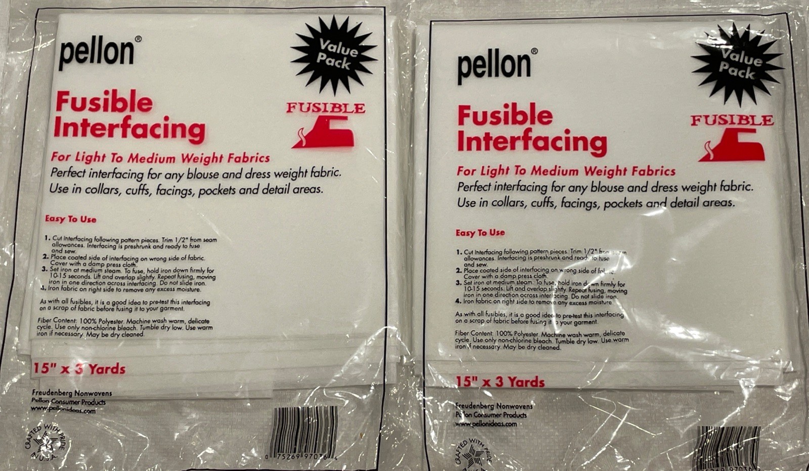 2 Packs Pellon Fusible Interfacing For Light To Medium Fabrics White 15"x3yds
