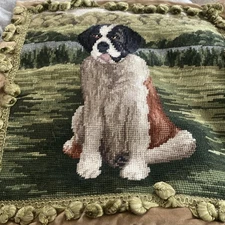 French Style Aubusson St. Bernard Dog Needlepoint Pillow Cover Case Green Tan