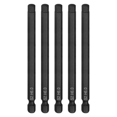 5pcs Flat Hex Screwdriver Bit H6.0 Magnetic Tip 1/4'' Shank 4'' Long Black
