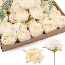 IPOPU White Roses Artificial Flowers Heads Bulk, 25pcs Vintage Off 