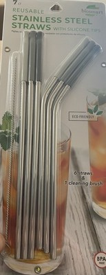 Biosmart Reusable Stainless Steel Straws  6 Straws & Cleaning Brush 