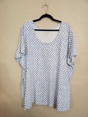 Woman Within Women's Blue White Stars Print Cotton Short Sleeve Tee Shirt 3X