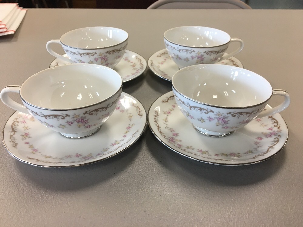 Halsey China Rose Chintz Dessert Tea Cups PLATES Set Four C75