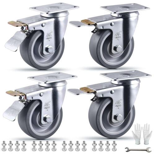 SET OF 4 Heavy Duty Plate Caster Wheels 4" BRAKE & SWIVEL - Picture 6 of 6