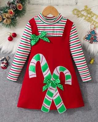 NEW Christmas Candy Cane Girls Red Long Sleeve Dress