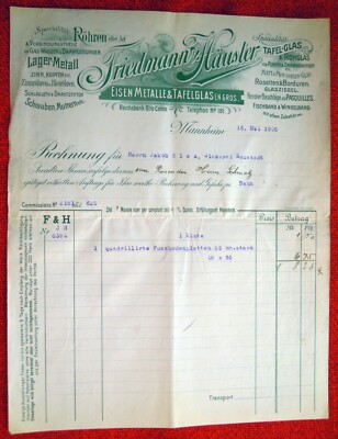 ALTE RECHNUNG 1909 FRIEDMANN & HÄUSLER MANNHEIM EISEN - METALLE -TAFELGLAS