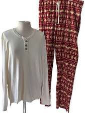 Burt's Bee's Woman's 2 Pc Pajama Set XL Henley Top w/XXL Red Printed Bottoms