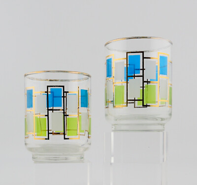 2 Vintage MCM Libbey Nordic Glasses Blue Green Gold Trim Retro Juice Cocktail 3''