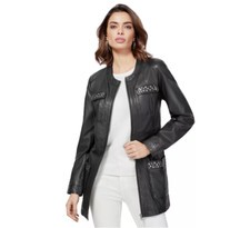 Black Collarless Longline Leather Jacket With Silver Tone Stud Pocket Detail 12