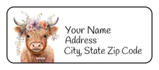 30 Personalized Return Address Labels, Highland Cow, Floral, 2.625" x 1",Tags