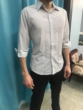 Formal Dress Shirt - Tallia Uomo  - White w Black Pin Stripe - XL 36/37 Tall