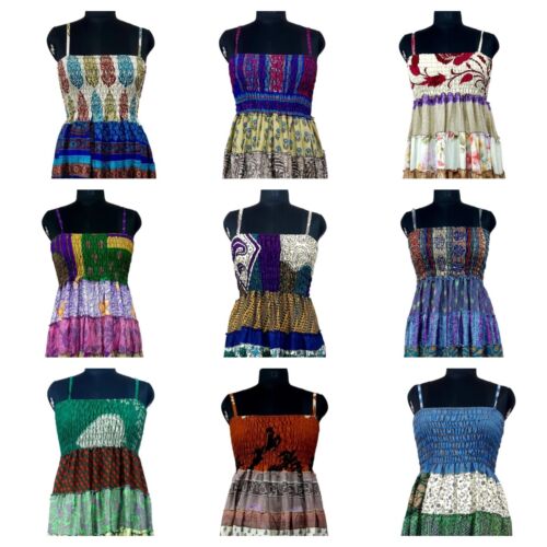 Indyjska 15 szt. Vintage Recykling Sari Jedwabna Maxi Plaża Sundress Boho Cygańska sukienka - Zdjęcie 1 z 11