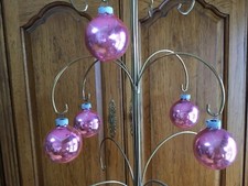 FIVE VINTAGE 1950'S MADE IN USA 2 INCH PINK BALL ORNAMENTS CRACKLE GLASS APPEA