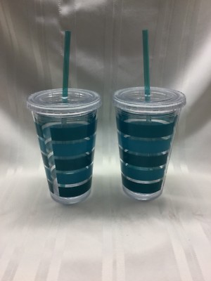 PLASTIC CUPS w/ Lid & Straw - 16 oz - Set of 2 - Blue Green Teal - BPA Free  | eBay