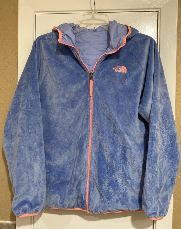 The North Face Girls Jacket Size XL 18 hood Blue/Gray/Pink reversible MINT Cond.