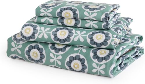 New- 300 TC Printed Sateen Cotton Sheet Set Queen Size, Green Floral Pattern
