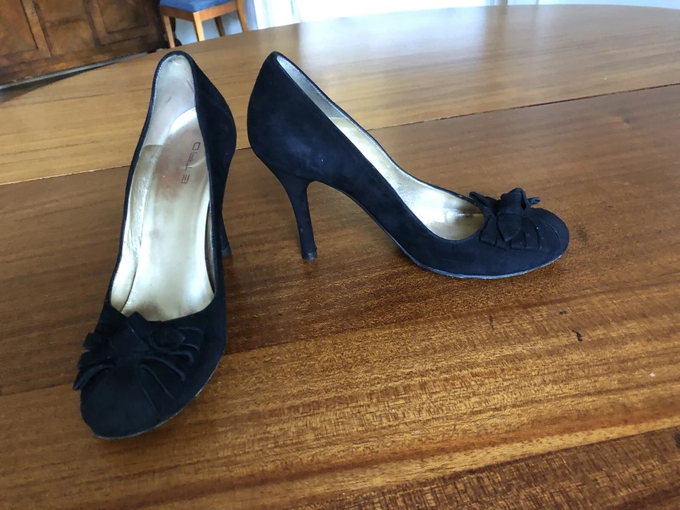 ZAPATOS DE SALÓN ETRO DE GAMUZA NEGROS Bow ZAPATOS DE TACÓN ALTO 37 IT US 6.5-7 Foto 2 de 4