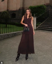 ZARA NEW SET OF BUTTONED VEST & MIXED PLEATED KNIT SKIRT BROWN S,M,L