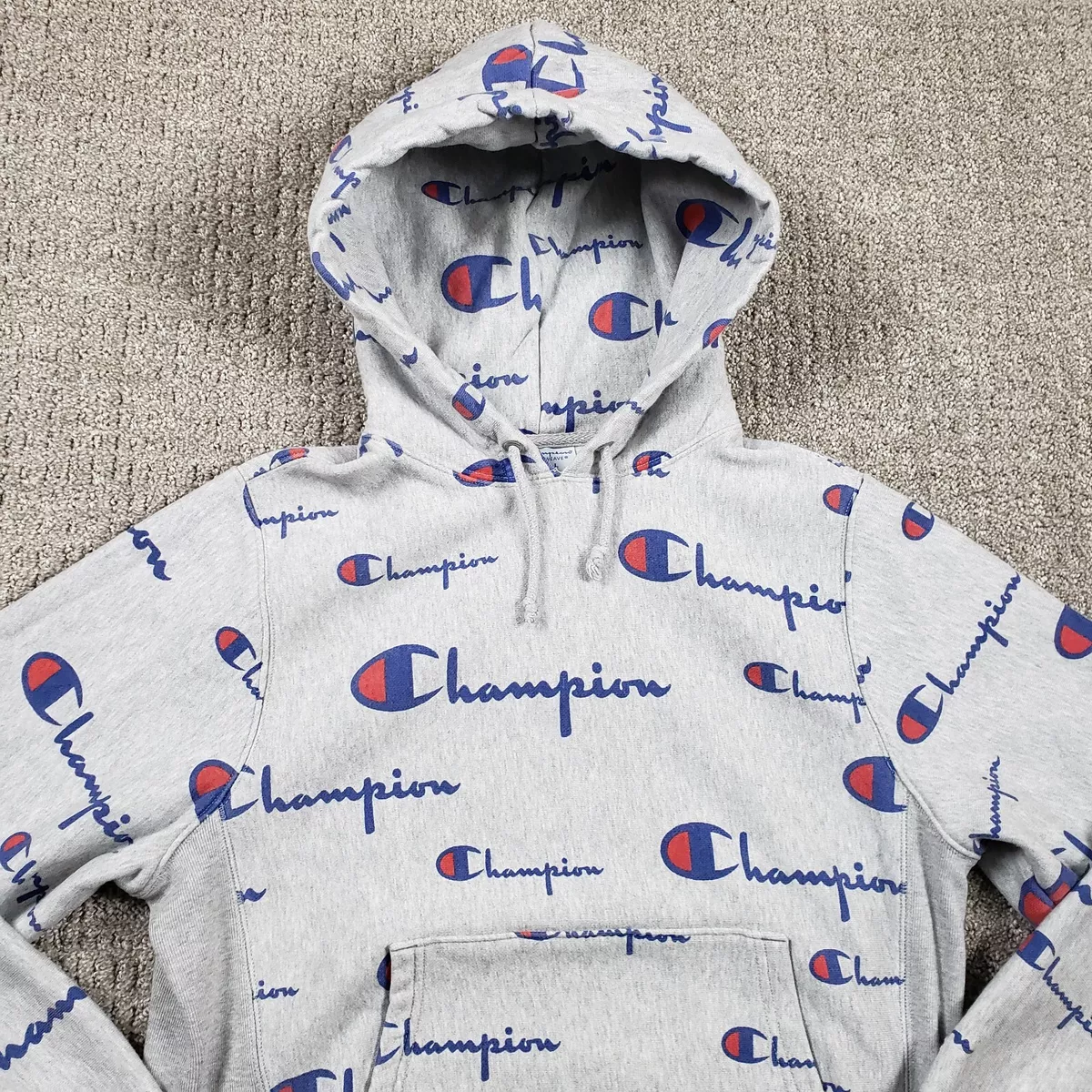 CHAMPION Reverse Weave Hoodie Mens Small Sweatshirt Gray All Over Print Sweater