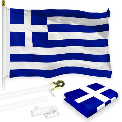 NEW G128 Greece Flag & Flagpole Set, 6FT White Pole and 3x5FT Printed 150D Flag